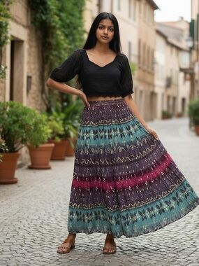 Sacred Threads Boho  Maxi Skirt in Teal & Purple and Magenta Cotton Batik OS